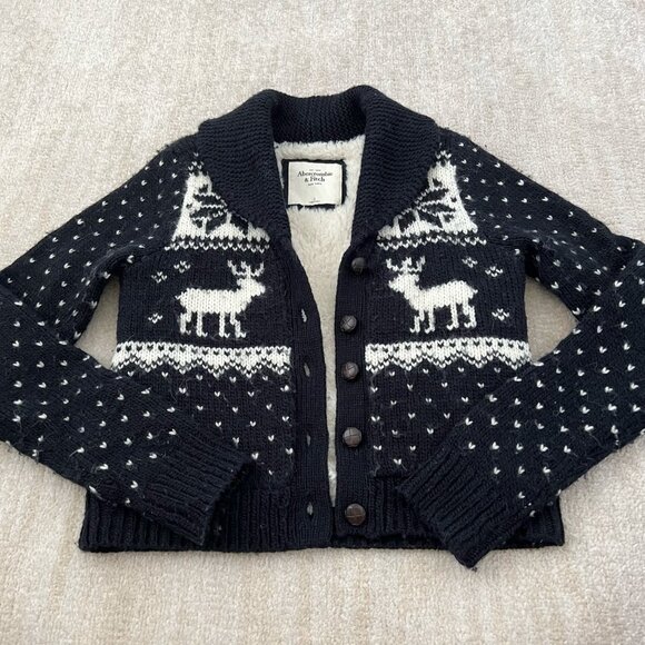 Abercrombie & Fitch Sweaters - Abercrombie & Fitch Snowflake Fair Isle Faux Fur Cardigan Blue Wool Sweater L
